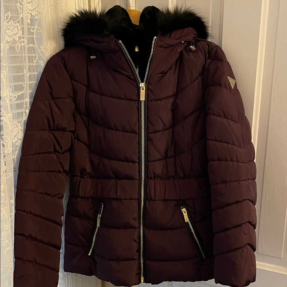 Guess Women's Quilted Puffer Jacket with Faux Fur Hood
